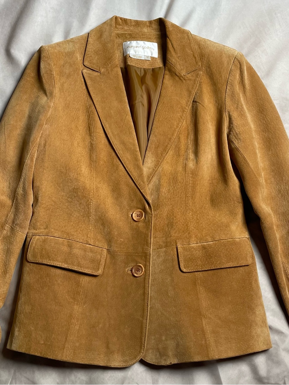 Elegant Margaret Godfrey 100% Leather Suede Blazer – Luxurious Tan Camel, Size 8